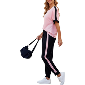 Women's Pink Black Color Block Tracksuit Short Sleeve Crew Neck Loose Fit Full Length <b>Pants</b> Side Pockets Elastic Waist Tracksuit - Product Image 5