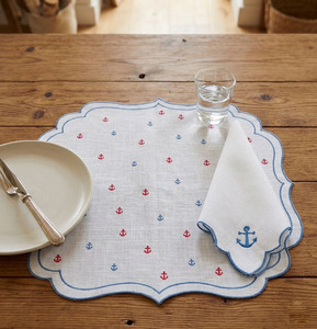 Custom Classic Luxury Washable Reuse Embroidery Anchor <b>Placemats</b> Napkins Sets 100% Linen Blue Edge Mats Home Wedding Events - Product Image 1