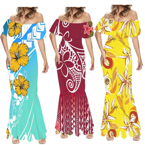 Robe longue sirène polynésienne à imprimé plumeria, épaules dénudées et manches lanternes, motif tribal, idéale pour les soirées – Nouvelle collection Samoan - Product Image 1