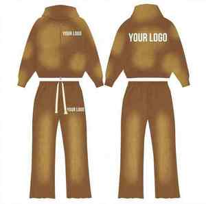 Ensemble de survêtement unisexe épais à capuche imprimé délavé à l'acide, 100 % coton, deux pièces, pantalon évasé et sweat à capuche zippé, hiver, personnalisé - Product Image 5