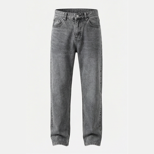 Jean en denim coupe droite délavé foncé pour homme, taille haute, coupe classique, en coton, style décontracté, pantalon d'automne - Product Image 1
