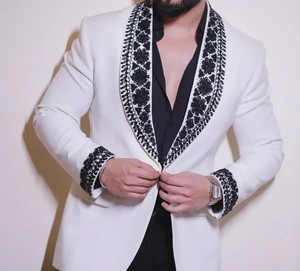 <b>Men</b>’s <b>White</b> Embroidered Blazer with Black Shawl Lapel | Designer Wedding Party Tuxedo <b>Jacket</b> - Product Image 3