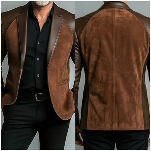 Blazer en cuir patchwork bicolore - Product Image 3