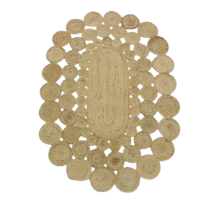 Handwoven Natural Jute Oval <b>Rug</b> with Sunburst Medallion Black Border & Crochet Loop Low Pile <b>Rustic</b> Design - Product Image 4