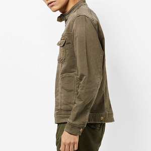 Veste en jean en coton vert olive pour homme, coupe classique, fermeture éclair, style décontracté, couleur unie, poches, détails surpiqués, vêtement d'automne - Product Image 3
