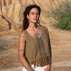 Handmade Block Print Raw Cotton Crop <b>Top</b> Tribal Fringe Bohemian <b>Festival</b> Clothing Earth Tone Summer <b>Top</b> - Product Image 2