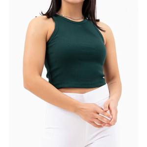 Camiseta sin mangas elástica de color sólido para mujer, con logo personalizado, cuello redondo, top tipo camisola, top de yoga ajustado para mujer. - Product Image 2