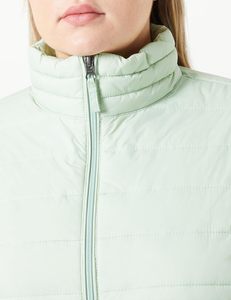 Women's Light Green Quilted Jacket <b>Stand</b> Collar Full Sleeve Zipper Closure Solid Color Regular Length Winter <b>Coat</b> - Product Image 3