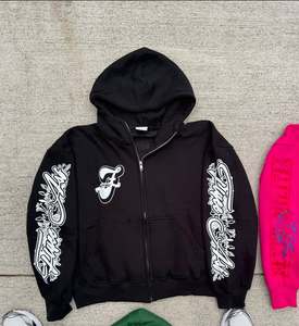 Sweat-shirt à capuche zippé noir pour homme, style streetwear, en coton tricoté, coupe oversize, avec logo imprimé en lettres blanches sur le devant, manches classiques - Product Image 1
