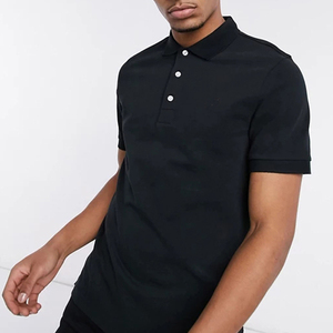Polo de Manga Corta Negro para Hombre, Color Sólido, Algodón Piqué, Estilo Casual, Corte Regular, Diseño con Botones al Frente - Product Image 1