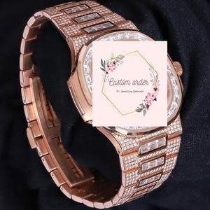 Montre analogique automatique unisexe, cadran carré clouté, ton or rose, moissanite, entièrement sertie de pierres, cadeau pour elle - Product Image 5