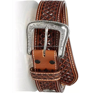 เข็มขัดหนังสไตล์ตะวันตกของผู้ชายลายนูนตะกร้าสานออกแบบได้ตามต้องการมาใหม่พร้อมหัวเข็มขัดสีเงินแบบตะวันตก - Product Image 5
