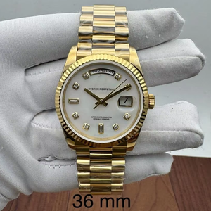 Montre vintage de luxe 36 mm, style hip-hop, or jaune, cadran blanc, index diamantés, lunette cannelée, mouvement mécanique ETA de haute qualité avec verre saphir - Product Image 1