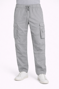Pantalones cargo gris claro para hombre con cintura elástica con cordón, pantalones utilitarios de corte relajado con múltiples bolsillos con solapa, cómodos - Product Image 4