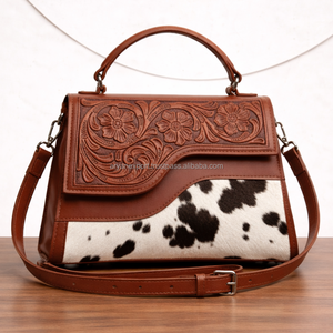 Western Tooled Genuine Leather Handbag for Women Hairon Cowhide Crossbody Bag Handmade Floral Leather Top Handle Purse - Product Image 3