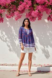 女性用デジタルプリントデルタシルクファンシーチュニック、レギュラー丈、スクエアネック、七分袖、完全縫製、スタイリッシュなウエスタン風トップス - Product Image 6