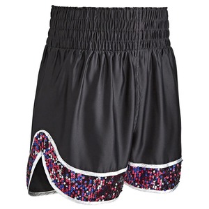 Shorts de boxe noirs pour femmes avec bordure en paillettes, vêtements de sport en polyester extensible - Product Image 1
