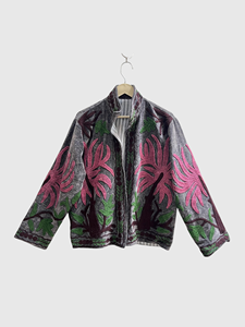 Chaqueta de Terciopelo con Bordado Floral, Cuello Mandarín, Manga Larga, Talla Grande, Ropa de Otoño para Mujer - Product Image 1