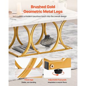 Tavolino da Caffè Moderno a 2 Livelli in Finto Marmo con Gambe Geometriche in Metallo, Robusto e Minimalista - Product Image 6