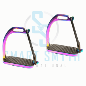 Estribos de Seguridad para Montar a Caballo Rainbow Gloss Fillis Peacock, de Acero Inoxidable con Revestimientos de Goma Negra - Product Image 1