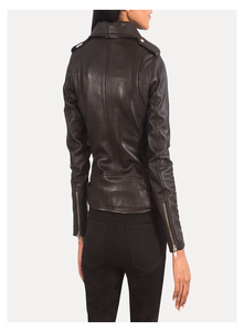 Chaqueta de Motociclista de Cuero Genuino Negro para Mujer, con Cierre de Cremallera, Cuello Alto, Manga Larga, Estilo Otoñal - Product Image 3