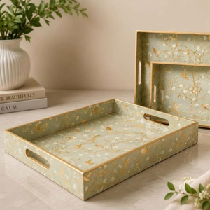 Ensemble de plateaux décoratifs rectangulaires à motif floral, design bohème en bois, emballage multi-pièces - Product Image 4