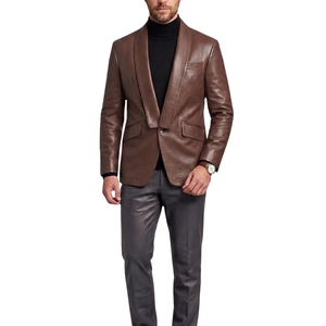 Blazer de Cuero Genuino Marrón para Hombre, Corte Entallado, Chaqueta con Solapa y un Solo Botón, Estilo Casual Elegante, Abrigo de Otoño - Product Image 1
