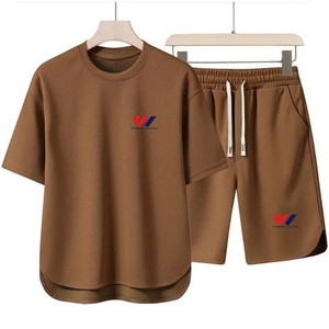 Men Cotton <b>Knit</b> T Shirt and Shorts <b>Set</b> Crew Neck Sportswear Summer Casual Training Outfit Casual Training Activewear Outfit - Product Image 3