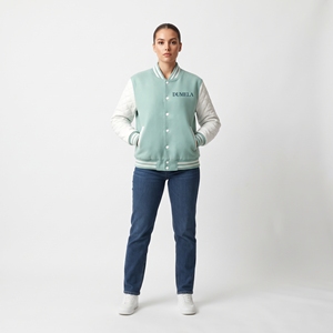 Veste universitaire Dumela vert menthe et blanc, manches matelassées, devant brodé, coupe classique, unisexe, vêtement d'extérieur décontracté pour l'hiver, coupe-vent - Product Image 5