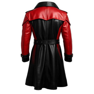 Manteau long pour homme en cuir véritable noir et rouge, à double boutonnage, avec revers crantés et ceinture à la taille - Product Image 5