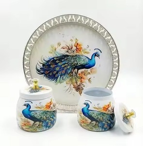 Pot décoratif en métal Pichwai avec plateau, ensemble de pots de rangement, art peint à la main, idéal pour un cadeau - Product Image 2