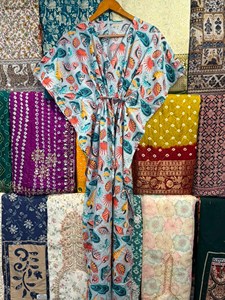 Cotton Casual <b>Kaftan</b> Free <b>Size</b> Luxury Handmade Block Print Eco-Friendly Ankle-Length Feathers Resort Wear for Women Sustainable - Product Image 3