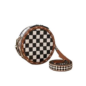 Sac à dos rond unisexe en cuir véritable style bohème, à motif damier, fait main, avec fermeture éclair et protection RFID - Product Image 1