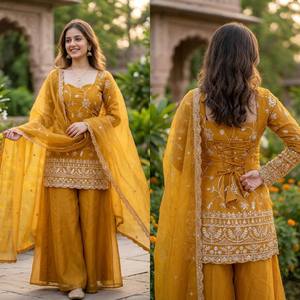 Presenting New Premium Quality With Embroidery Sequence Worked <b>Top</b>-Plazzo And Dupatta Set Fully Stitched Ready To Wear - Product Image 5