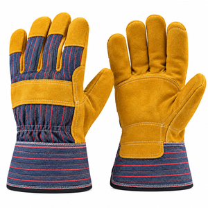 Heavy Duty Yellow Split Cowhide Leather Rigger Gloves Striped Canvas Back Rubberized Cuff Industrial <b>Builder</b> Mechanic Work Glove - Product Image 1
