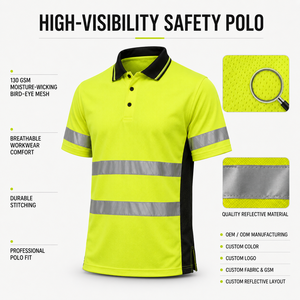 Camiseta Polo de Seguridad de Algodón Amarillo de Alta Visibilidad con Franjas Reflectantes y Ribete Negro, Resistente al Agua y Anti-UV para Ropa de Trabajo - Product Image 2