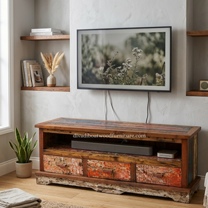 Sustainable Reclaimed Boat Wood TV Cabinet 3 Drawer Classic Style Solid Wood Rustic Recycled Timber For Stand TV - Product Image 6