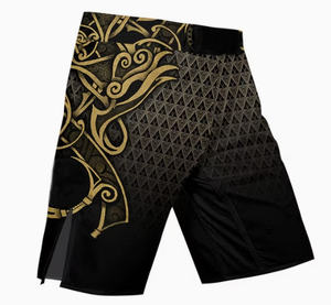 Pantalones Cortos Negros de MMA para Hombre con Estampado Tribal Dorado, de Secado Rápido, para Artes Marciales Mixtas, Corte Regular, Impresión por Sublimación - Product Image 1
