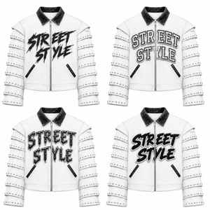 Custom White Studded Faux Leather <b>Jacket</b> Graphic Zip Up Street Wear Fashion Biker Outerwear For Unisex Winter Wear - Product Image 1
