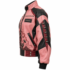 <b>Women</b> Pink Black Leather <b>Jacket</b> Custom Clown Graphic Print Metal Studded Spiked Bomber Coat OEM ODM Made To Order Supplier - Product Image 4