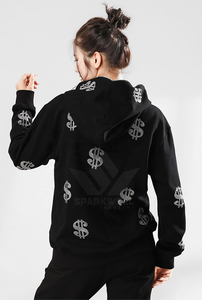 Sudadera con capucha y cremallera frontal para mujer, negra con estampado de purpurina y bloques de color, de ajuste regular, informal, de punto, de manga larga, para invierno. - Product Image 3