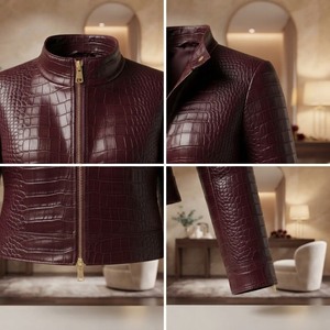 <b>Burgundy</b> Crocodile Embossed Genuine <b>Leather</b> Moto <b>Jacket</b> Women's Stand Collar Full Sleeve Short Zipper Closure Autumn Style - Product Image 6