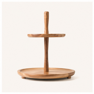 Handmade Acacia Wood 2 Tier Serving Tray and Cake Stand Dessert Display for <b>Weddings</b> Parties and Home Decor Round Tiered Platter - Product Image 1
