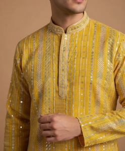 Yellow Traditional Unisex 100% Cotton Woven Mandarin Collar Full Sleeve Shirt Faux <b>Fur</b> Embroidered Button Front Knee Length - Product Image 1