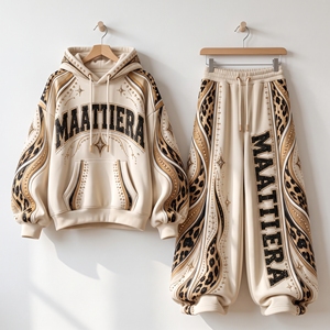 Conjunto Deportivo para Mujer con Sudadera con Capucha y Estampado de Leopardo Crema y Negro, Pantalones Anchos con Pedrería, Estilo Urbano, Personalizable, OEM, ODM, Venta al Por Mayor - Product Image 6
