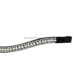 Banda Frontal para Caballo de Cuero Inglés Negro con Forma Curva Decorativa con Cristales Transparentes y Perlas, en Oferta - Product Image 1