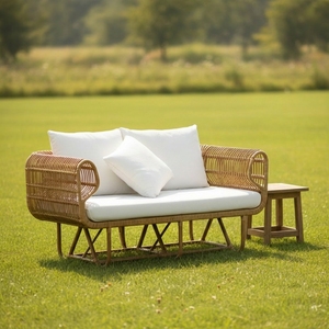 Modern Outdoor Natural Rattan Loveseat Sofa Luxury Patio Garden Bench Woven Wicker Lawn Couch With Cushions For Hotel Resort - Product Image 1