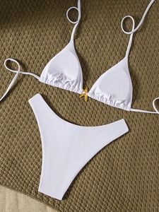 Conjunto de Bikini Blanco con Tirantes, Traje de Baño para Mujer con Decoración de Estrella de Mar, Color Sólido, Elástico, Ropa de Playa, Bikini de Dos Piezas - Product Image 6