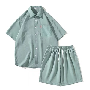 Conjunto de Camisa de Manga Corta y Pantalones Cortos Negros para Hombre, Talla Grande, Color Sólido, Ropa Casual de Verano, Tejido de Algodón - Product Image 2