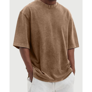 T-shirt décontracté pour homme à manches courtes et col rond en jersey de coton marron uni, coupe oversize, tendance 2026, prix usine, vente en gros - Product Image 3
